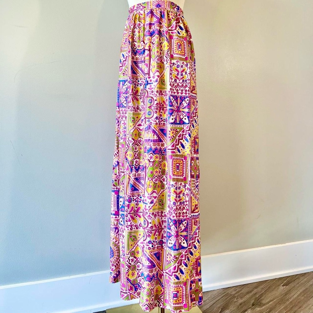 Vintage 1970s Novelty Print Skirt Flowers Tiki Tropical Colorful 70s Retro - Picture 2 of 8